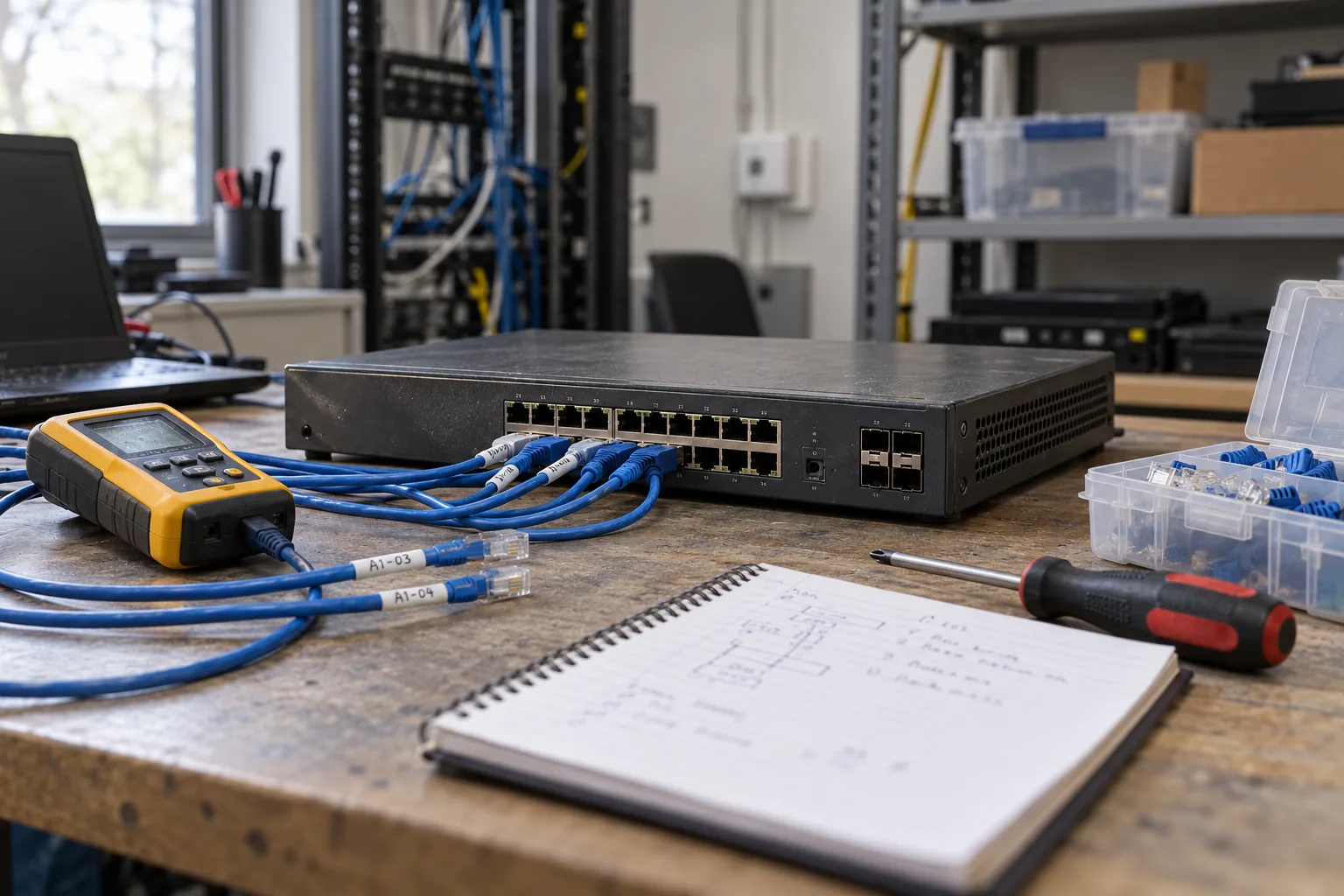 Netzwerktechnik auf einer Werkbank während der laufenden Einrichtung