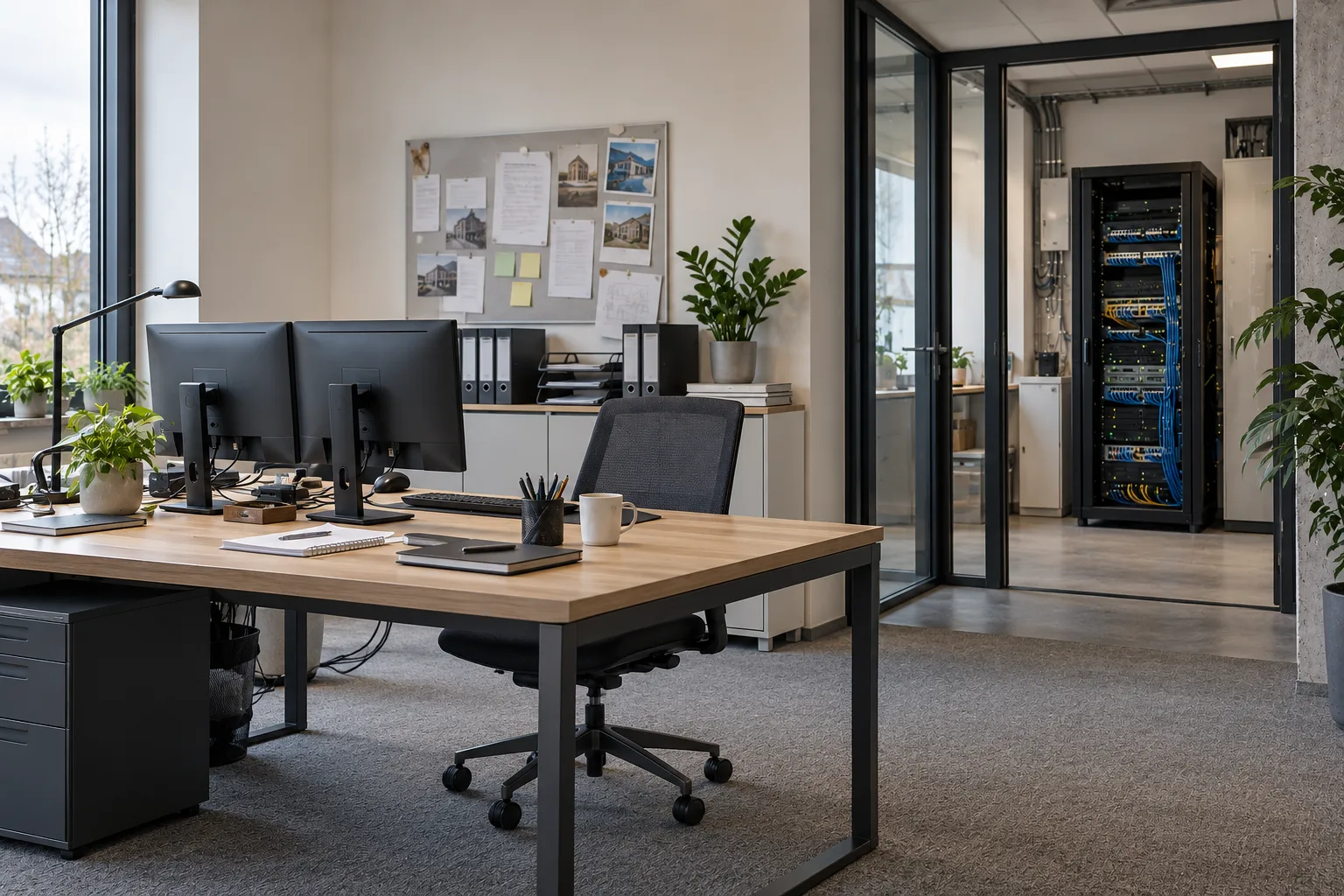 Ruhiger moderner Arbeitsplatz mit professioneller Netzwerkinfrastruktur