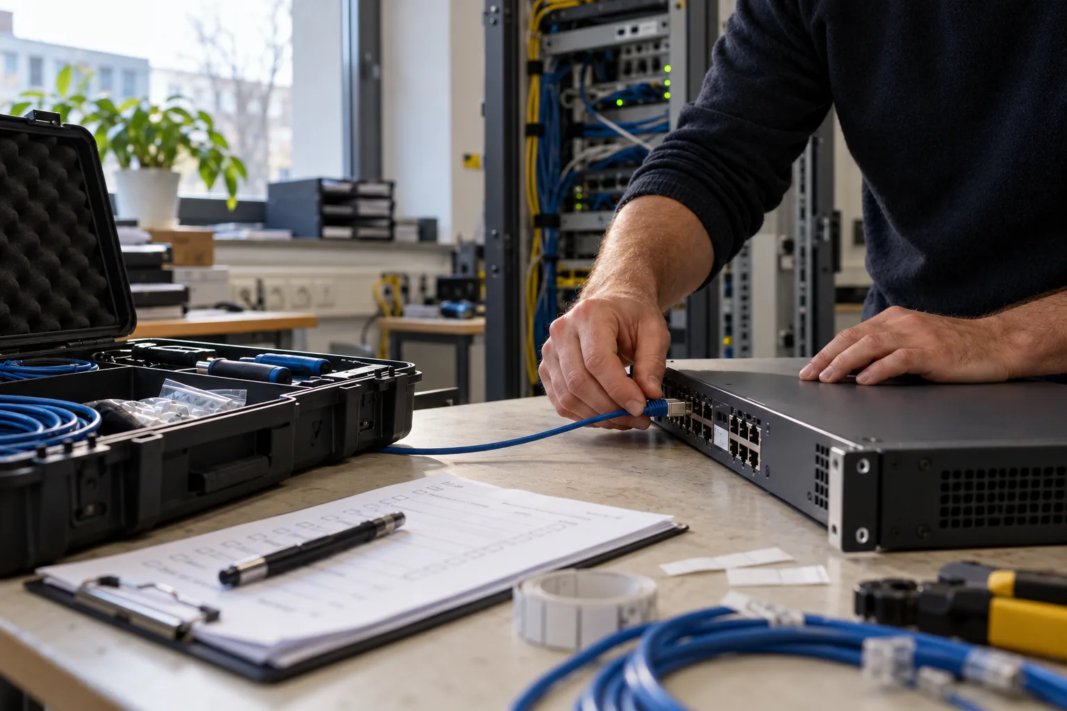 Techniker verbindet Netzwerkkomponenten an einem geordneten Arbeitsplatz